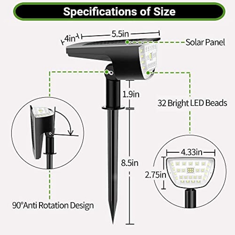 CLAONER 32 LED 태양광 스포트라이트 실외 방수, 3가지 모드 태양광 경관 조명, 마당 정원 진입로 베란다 산책로 나무 파티오 - 콜드 화이트(6팩)용 실외 태양광 발전 스포트라이트