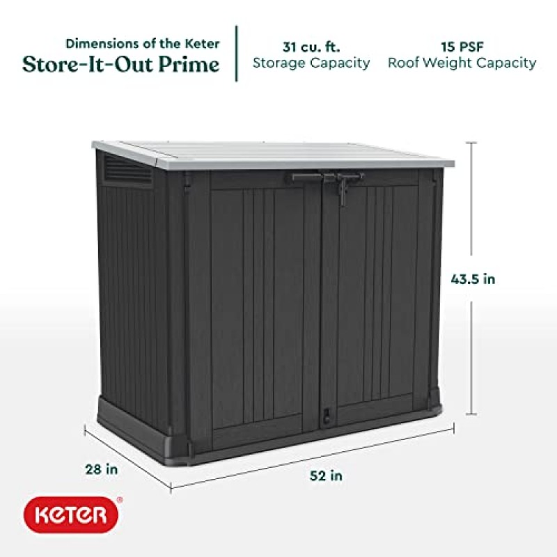 Keter Store-It-Out Prime 4.3 x 2.3피트 수지 야외 보관 창고(손쉬운 리프트 경첩 포함), 쓰레기통, 정원 도구 및 수영장 장난감에 적합, 검정색