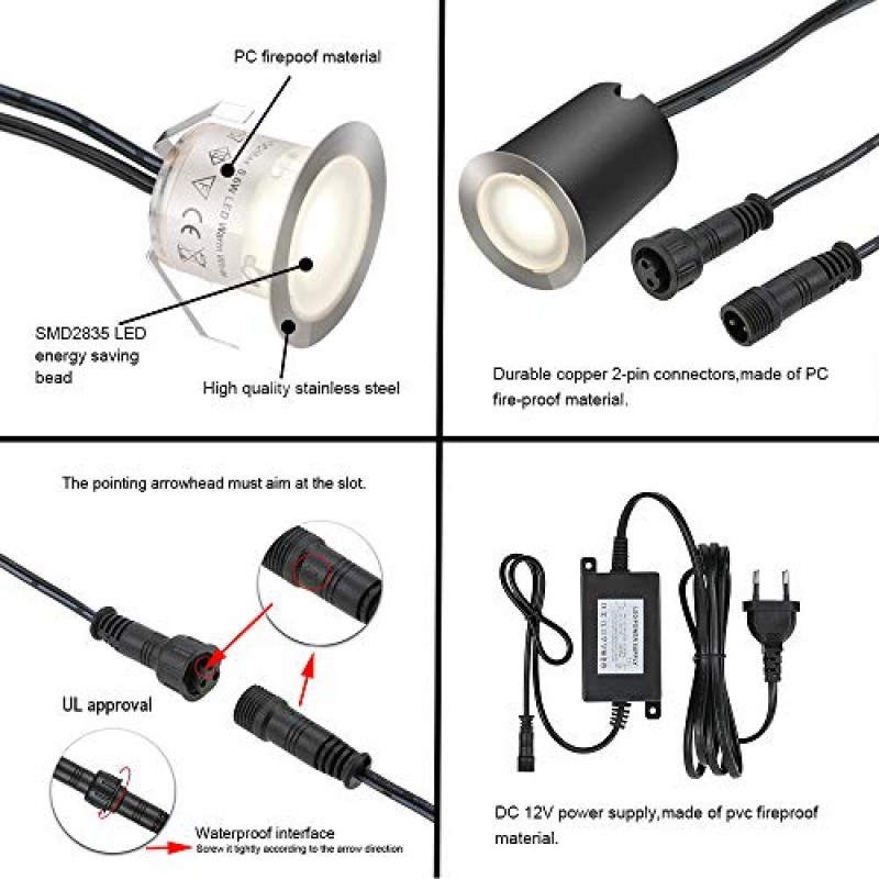 SMY 조명 매립형 LED 데크 라이트 키트, 검정색 보호 쉘 Φ32mm, 지상 야외 조경 조명 IP67 방수, 정원, 마당 계단, 파티오, 바닥, 주방 장식용 12V 저전압