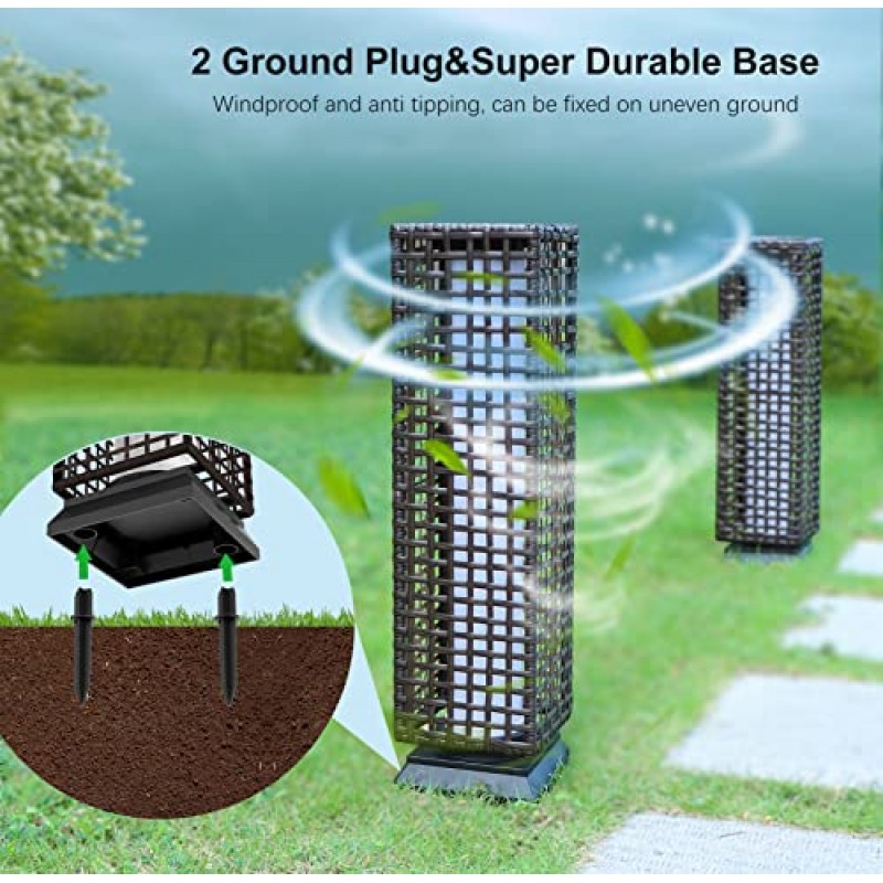 야외 태양열 전원 플로어 램프 업그레이드, 27인치 방수 수지 고리버들 태양광 조명, 접지 플러그 2개, 120루멘, 조명 모드 2개, 2200mAH 등나무 랜턴 포스트 조명, 데크 정원 경로 수영장용