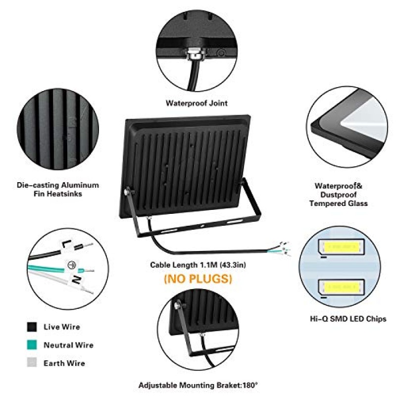 SOLLA 2팩 100W LED 투광 조명, IP66 방수, 8000lm, 550W 상당, 매우 밝은 실외 보안 조명, 3000K 따뜻한 흰색, 차고, 정원, 잔디 및 마당용 실외 투광 조명