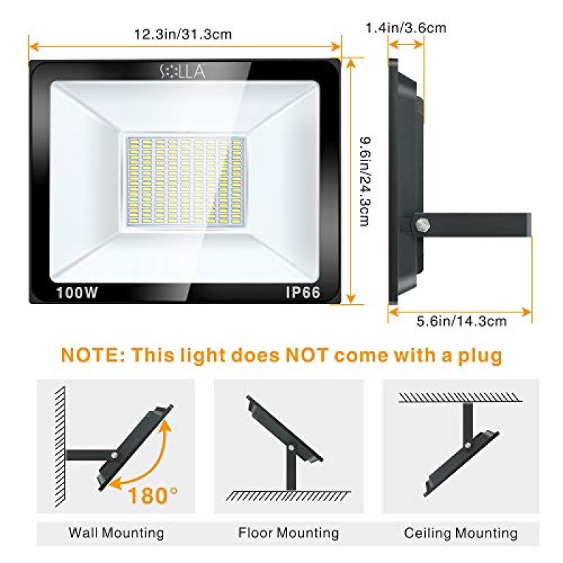 SOLLA 2팩 100W LED 투광 조명, IP66 방수, 8000lm, 550W 상당, 매우 밝은 실외 보안 조명, 3000K 따뜻한 흰색, 차고, 정원, 잔디 및 마당용 실외 투광 조명