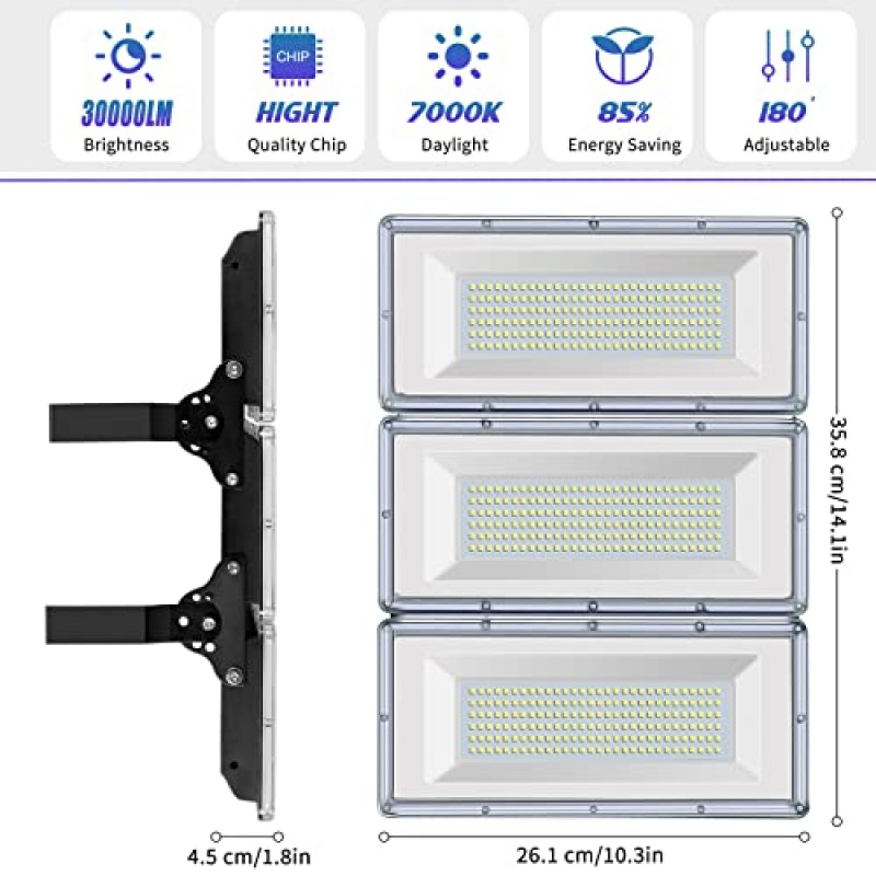 YIBEYYDS LED 투광 조명 300W, 30000ML 7000K 슈퍼 밝은 LED 경기장 조명, Led 경기장 투광 조명 조정 가능한 조명 각도, IP67 방수 LED 투광 조명 야외 정원, 잔디밭, 마당, 경기장