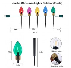 2 팩 점보 C9 크리스마스 통로 조명 스테이크가 있는 야외 장식 잔디밭, 8.5피트 LED 스트링 조명 덮여 점보 다색 산책로 조명 전구 휴일 외부 마당 정원 장식, 10개 조명