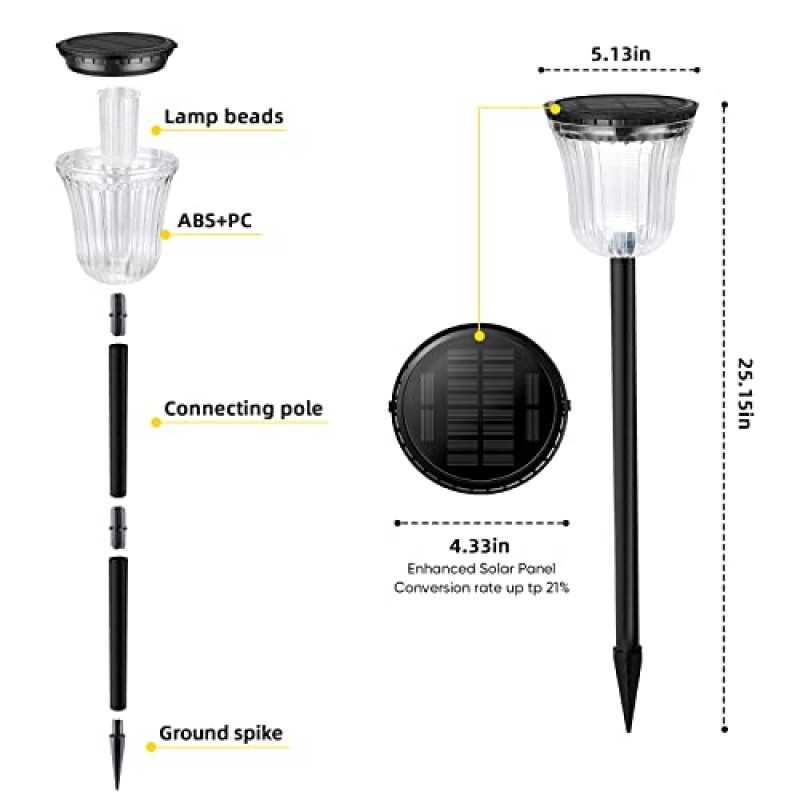 태양열 실외 조명, 조경 통로 조명 따뜻한 / 흰색 스위치 4 팩, 200LM 높은 루멘 태양열 전원 정원 조명 가장 밝은 방수 LED 태양 산책로 마당 조명 경로 잔디 진입로 (4 팩)