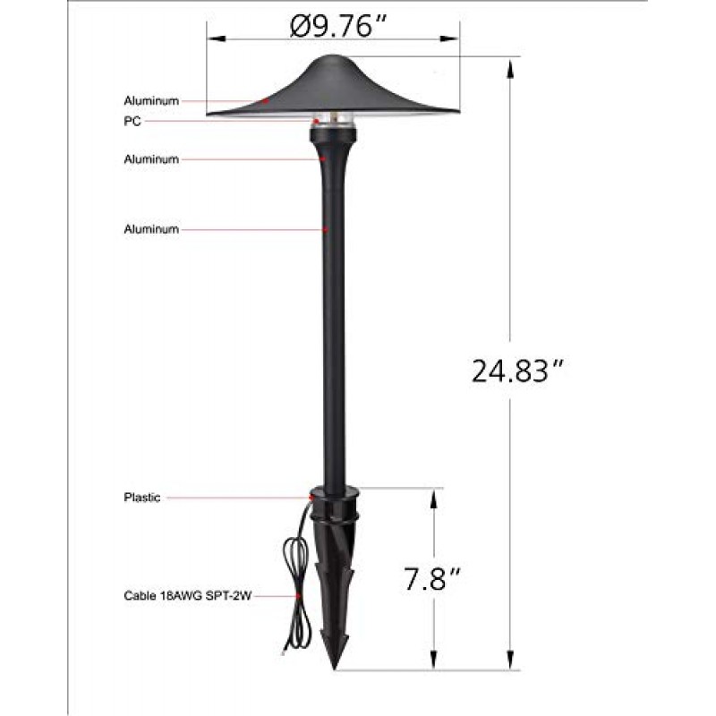 LIT-Path LED 통로 조명, 12V 저전압 경관 조명 키트, 2W 170 루멘, 야외 마당 잔디밭용 투광 조명, 다이캐스트 알루미늄, 방수, 검정색 마감-3000K, 대형 캡, 2팩