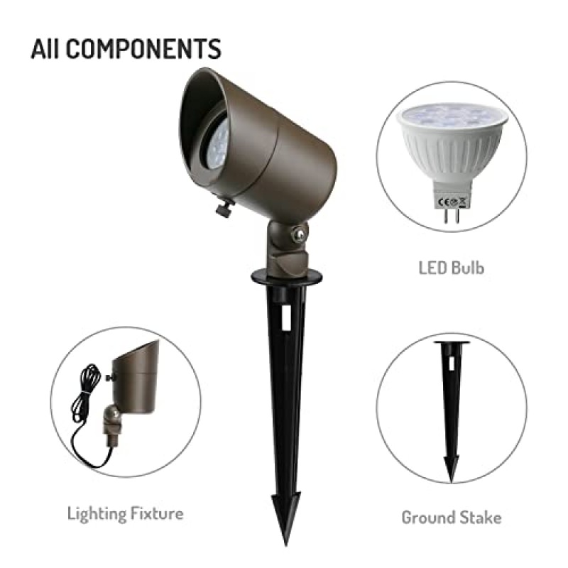 4W LED 경관 조명 저전압 경관 조명 스포트라이트 GL101-BZLED8 AC/DC 12V 온백색 방수, 진입로, 마당, 잔디밭, 파티오, 벽, 나무, 깃발, 실외 조명(청동, 8팩)