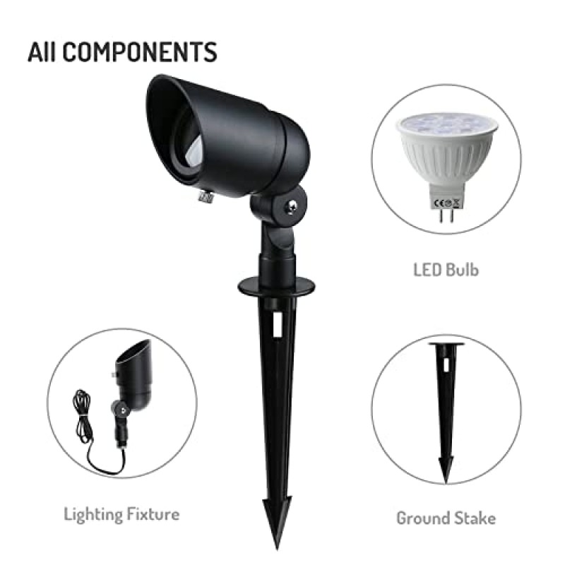 4W LED 경관 조명 저전압 경관 조명 스포트라이트 GL103-BKLED8 AC/DC 12V 온백색 방수, 진입로, 마당, 잔디밭, 파티오, 벽, 나무, 깃발, 실외 조명(검은색, 8팩)