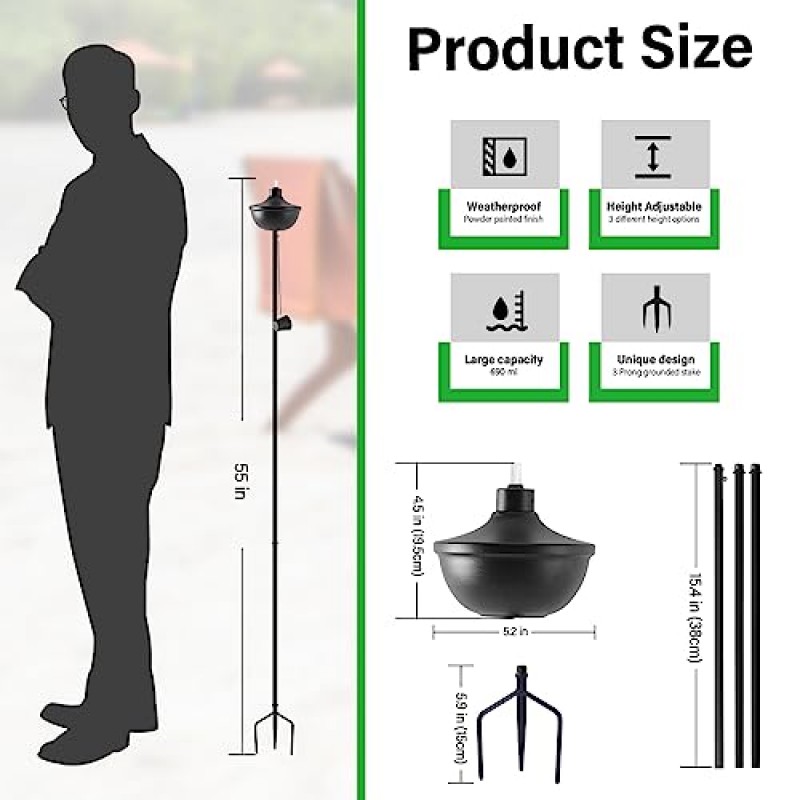 ZSZMFH 홈 가든 토치 6개 세트, 대용량 23.5온스 야외 금속 토치 정원 장식, 3구 접지 스테이크가 있는 55인치 업그레이드 시트로넬라 토치, 파티 파티오 통로용 테이블 상단 토치