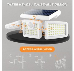 모션 센서가 있는 실외 태양광 조명, 3개 헤드 보안 조명 태양광 발전, 118 LED 투광 조명 모션 감지 차고 마당 출입구 파티오용 스포트라이트, IP65 방수, 흰색, 4팩