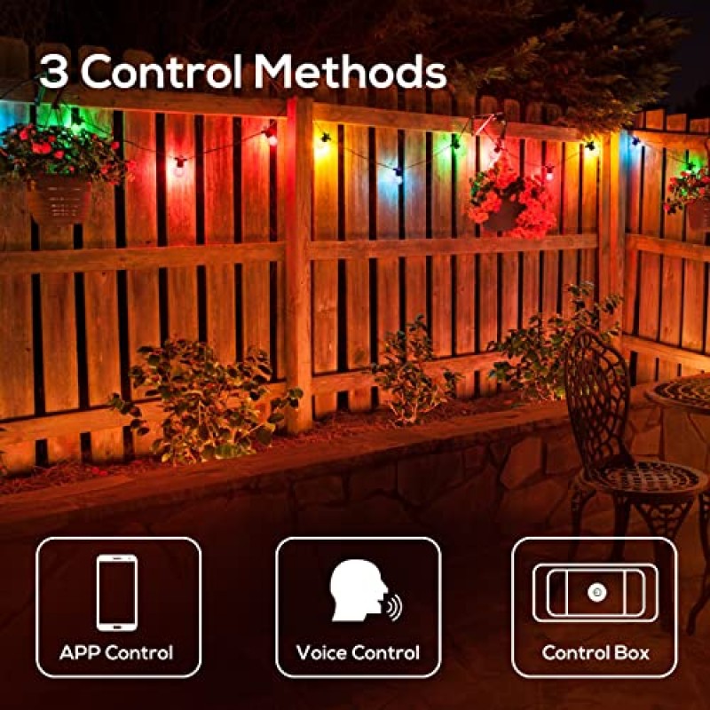 SUNTHIN 스마트 실외 스트링 조명, 49피트 컬러 파티오 조명 Alexa 및 Google Assistant와 함께 작동, 비산 방지 RGBW 전구 15개, 현관, 마당, 퍼걸러, 데크, 정원용 방수 걸이 조명
