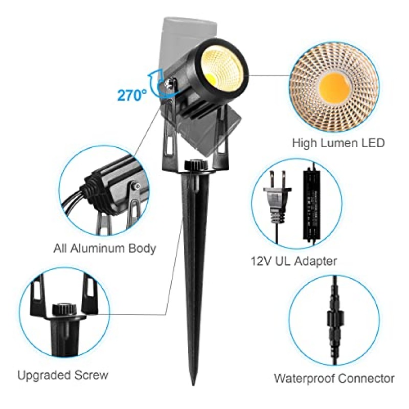 ALOVECO 조경 조명 1800LM 12V 저전압 조경 조명 키트(변압기 및 69FT 케이블 포함) IP65 방수 LED 업라이트 야드 하우스 트리 가든 6팩 따뜻한 화이트용 야외 스포트라이트