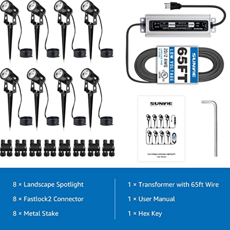 마당용 SUNVIE 스포트라이트, 변압기 65FT 와이어 및 커넥터가 포함된 저전압 조경 조명 키트, 주택용 3000K 스포트라이트, 방수 정원 조명 야외 전기, 8팩