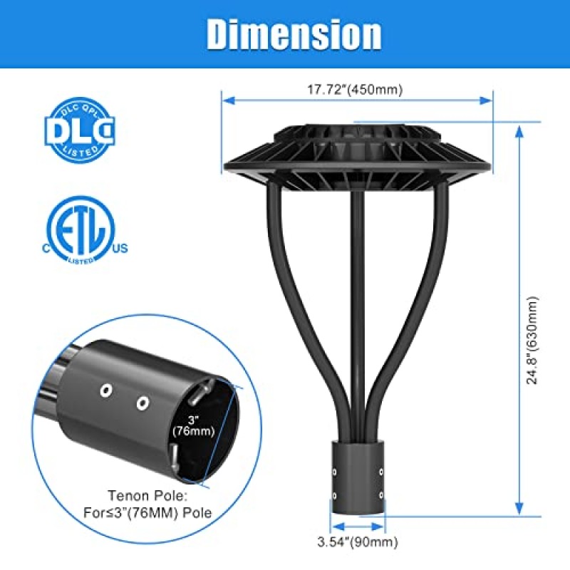 OPENLUX 80W Led 포스트 상단 조명(황혼에서 새벽까지 센서 포함), DLC ETL 등록, 11,200Lm, 5000K, IP65 방수 LED 포스트 상단 야외 원형 구역 극 조명(300W 상당), 정원 거리 조명용