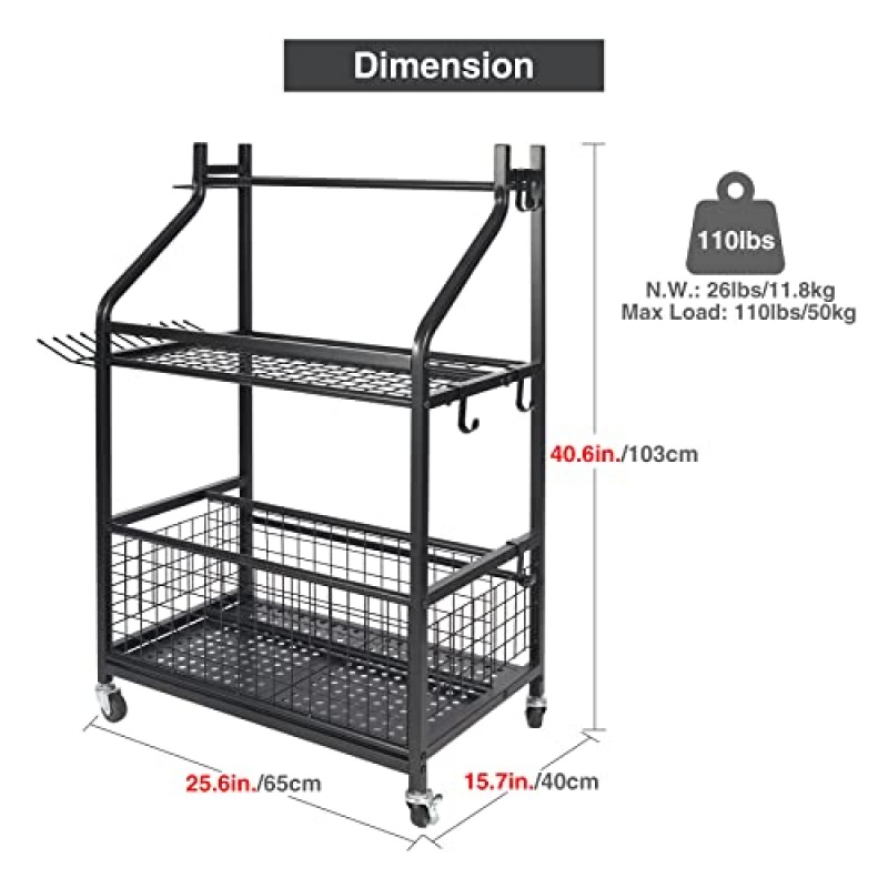 Stonehomy 정원 도구 보관 정리함(바퀴 포함), 스탠딩 차고 도구 홀더, 잔디 및 실외용 야드 도구 타워 랙, 검정색