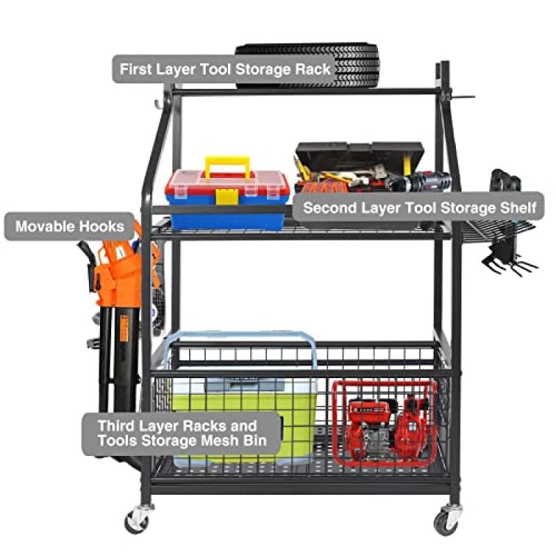 Stonehomy 정원 도구 보관 정리함(바퀴 포함), 스탠딩 차고 도구 홀더, 잔디 및 실외용 야드 도구 타워 랙, 검정색