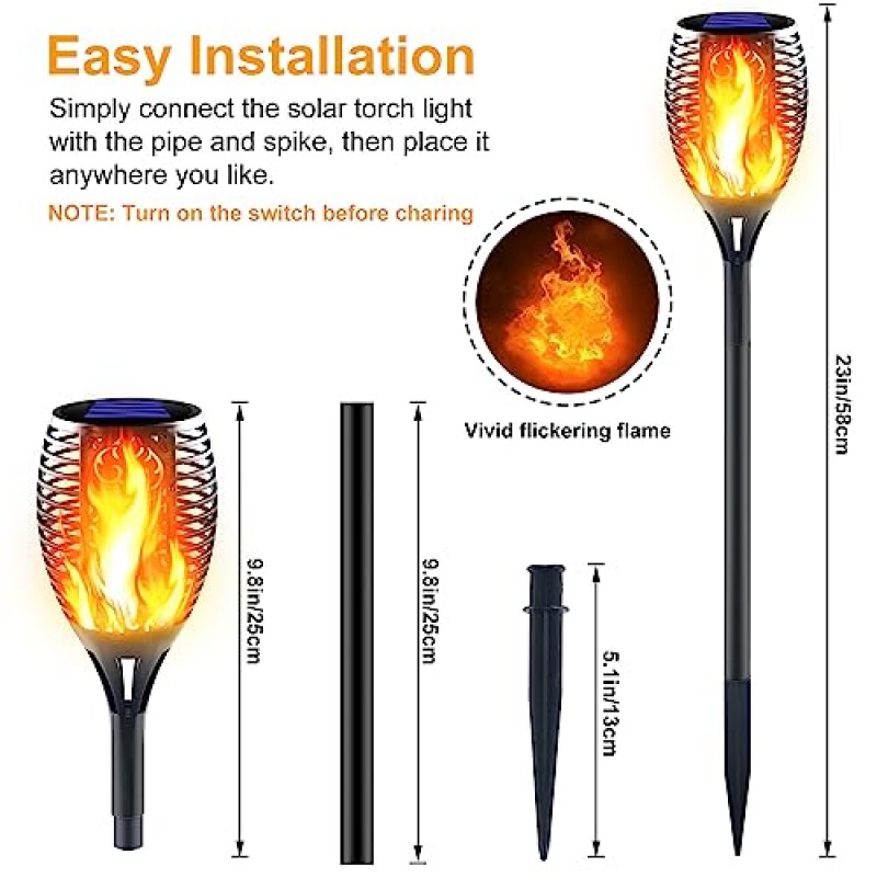 깜박이는 불꽃이 있는 Awethone 대형 태양광 토치 조명, 외부용 야외 장식 태양광 티키 토치, 마당, 정원, 통로용 매우 밝은 조경 조명, 자동 켜기/끄기(8팩)