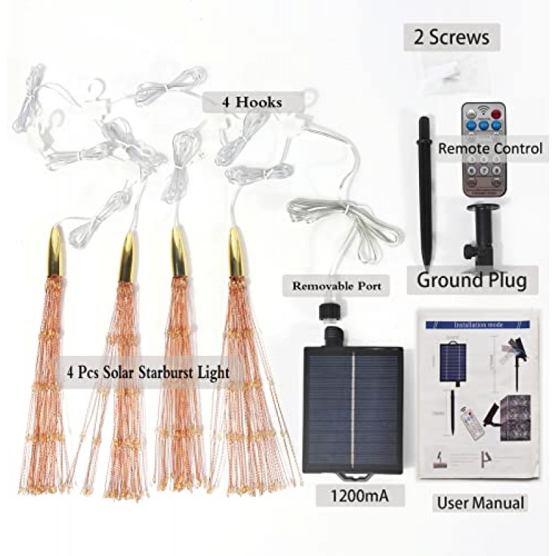 4팩 800LED 태양 항성 구형 조명, 불꽃놀이 원격 제어 타이머 8가지 모드 밝기 조절이 가능한 방수 걸이 요정 조명, 파티오 파티 텐트용 구리선 반짝 조명 크리스마스(따뜻한 흰색)