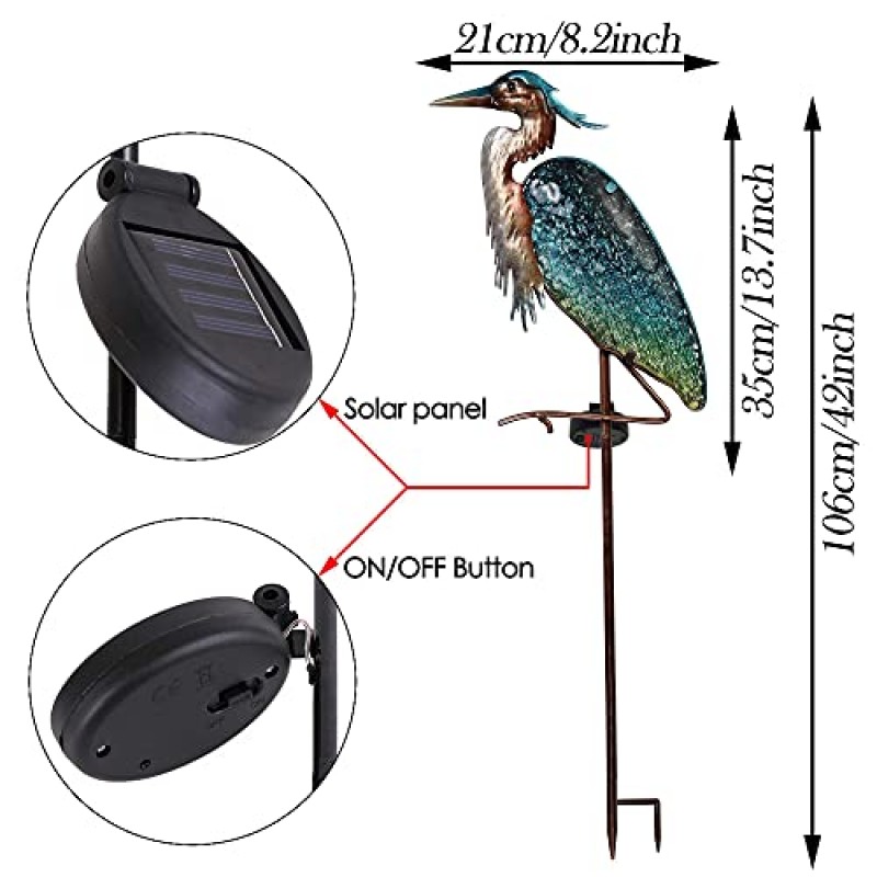TERESA의 컬렉션 금속 왜가리 동상 + 정원 장식을 위한 왜가리 태양 스테이크 조명, 야외 외부 파티오 마당 장식을 위한 장식 태양광 조명 새 예술 잔디 장식품