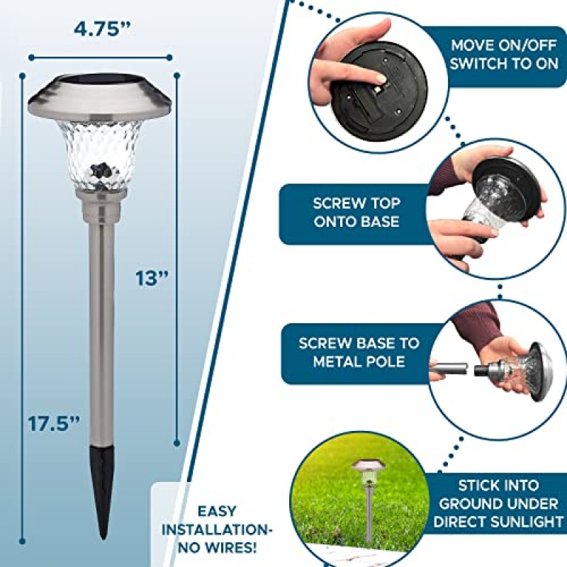 Morvat LED 정원 마당 및 통로용 스테인레스 스틸 및 유리 렌즈가 장착된 자동 태양열 구동 야외 경로 조명, 밝은 방수 조경 및 파티오 조명, 황혼에서 새벽까지, 따뜻한 빛, 8 팩