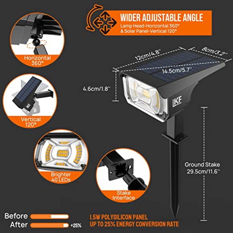 LKF 태양광 스팟 조명 실외, USB 및 태양열 전원 풍경 스포트라이트, IP65 방수 벽 조명 자동 켜짐/꺼짐, 마당 뒤뜰 산책로 진입로 파티오용 40LED 정원 조명