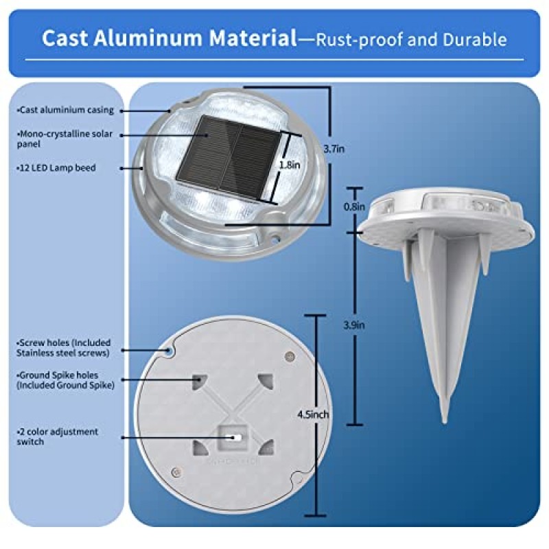 VOLISUN 태양광 진입로 조명 데크 조명 도크 해양 조명, 12팩 태양광 지상 조명 1개 LED 데크 조명의 2가지 색상 방수, 통로 경고 단계용 진입로 마커 라이트(흰색/따뜻한 흰색)