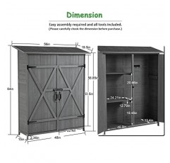 잠글 수 있는 문이 있는 GLANZEND 야외 보관 창고, 목재 도구 보관 창고 분리형 선반 및 방수 피치 지붕, 원목, 다기능 보관 창고, 회색