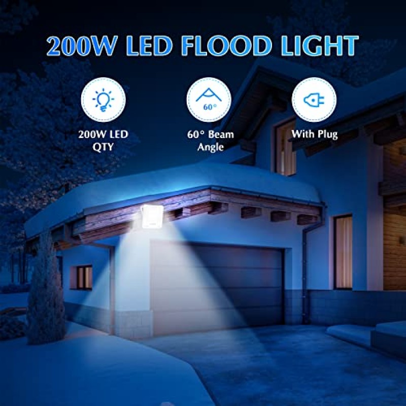 AOUP LED 실외 투광등, 2팩 200W(1800W 상당) 밝은 작업등, 플러그가 있는 5.2피트 전원 코드, 18000 루멘, IP66 방수, 6500K 일광 흰색, 마당 정원 파티오 놀이터 차고용(내)