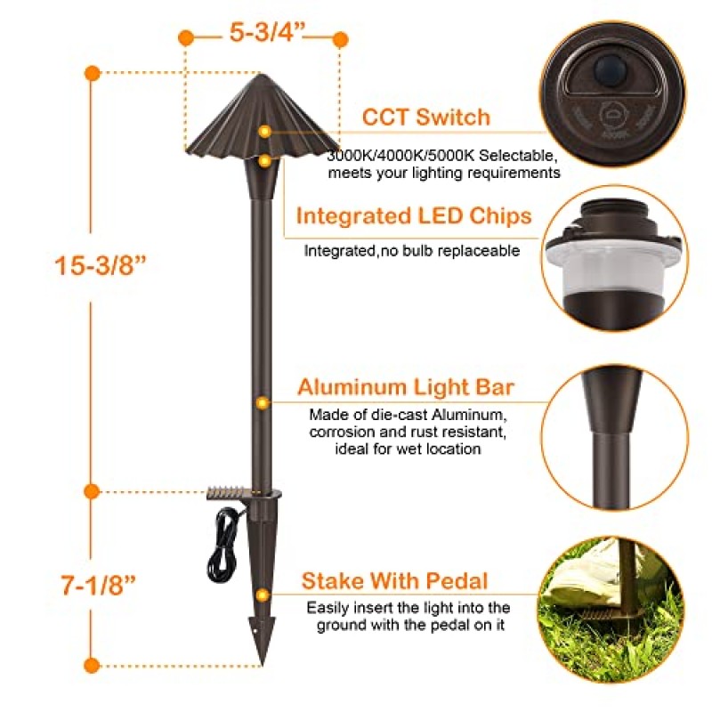 CLOUDY BAY 3000K/4000K/5000K 마당 파티오용 선택 가능한 LED 조경 통로 조명, 5W 12V~15V AC/DC 저전압 경로 조명, 방수, 6팩