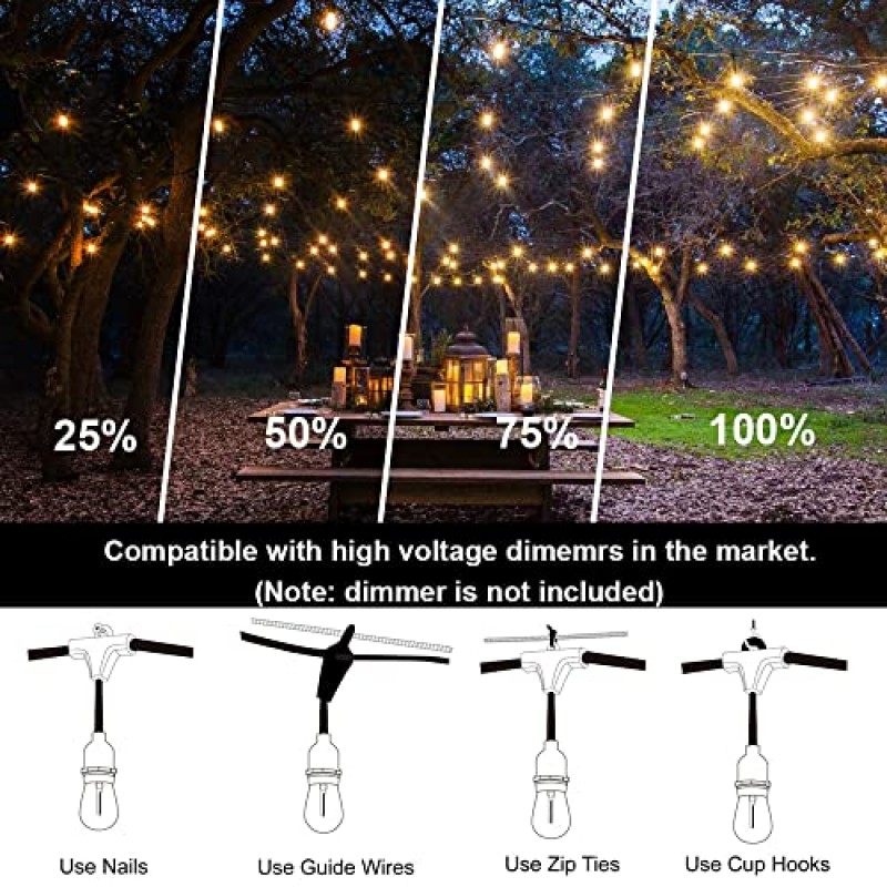 야외 스트링 조명 LED 100FT 상업 등급 헤비 듀티 30 소켓 32 비산 방지 포함 파티오 시장 카페용 예비 S14 밝기 조절 가능 플라스틱 에디슨 전구 2개 포함