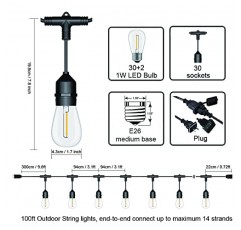 야외 스트링 조명 LED 100FT 상업 등급 헤비 듀티 30 소켓 32 비산 방지 포함 파티오 시장 카페용 예비 S14 밝기 조절 가능 플라스틱 에디슨 전구 2개 포함