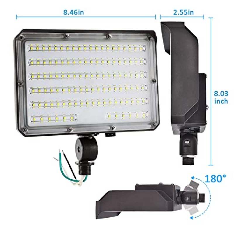 LED 투광 조명 80W 10400LM(800W HID 동급) 광전지 황혼에서 새벽까지 야외, 180° 조정 가능한 너클 마운트, 벽걸이용 일광용 베이스 포함 5000K IP65 방수 ETL 정원용으로 등재됨