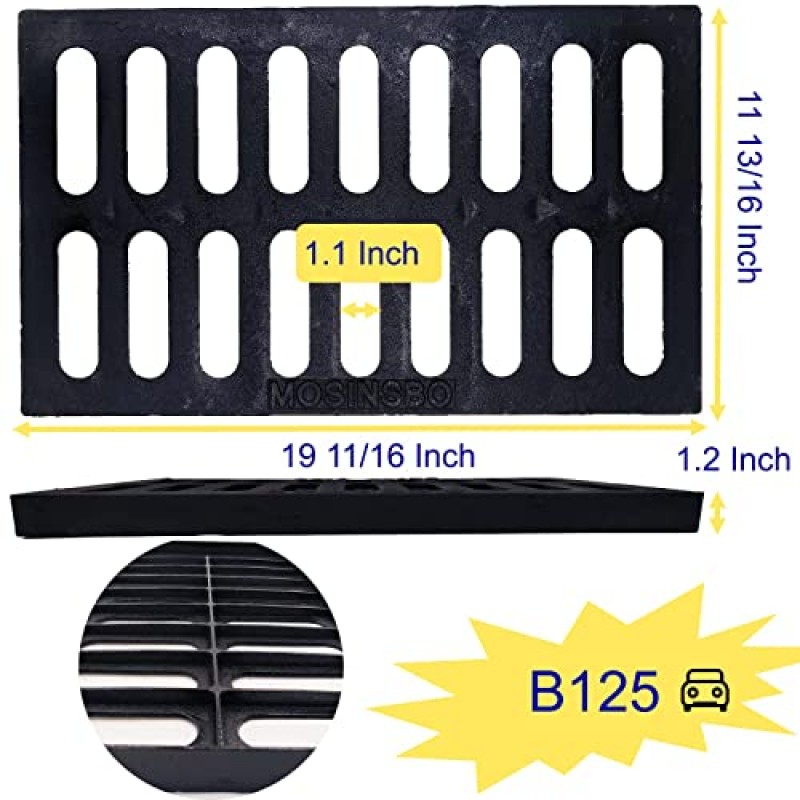 MOSINSBO 주철 배수 창살, 20x12 실외 배수 창살, B125 등급 하수구 창살, 내구성이 뛰어난 중부하 하수구 덮개, 콘크리트 바닥용 검정색 직사각형 배수 창살(19.7