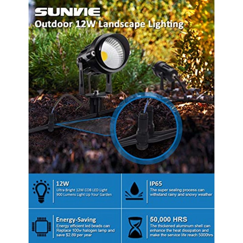 SUNVIE 12W 저전압 LED 조경 조명(커넥터 포함), 실외 12V 슈퍼 웜 화이트(900LM) 방수 정원 통로 조명 스파이크 스탠드가 있는 벽 트리 플래그 스포트라이트(커넥터 포함 10팩)