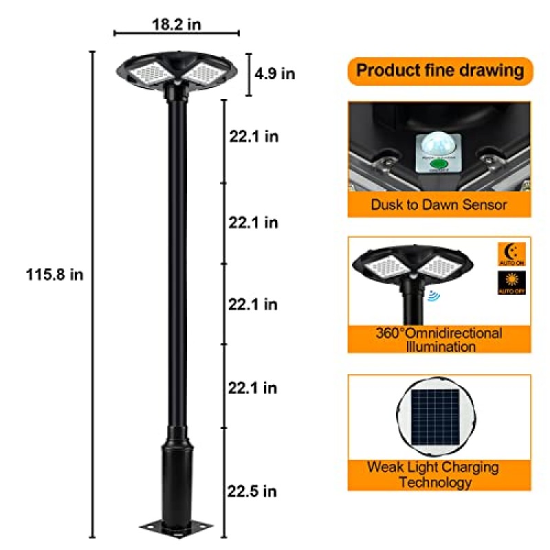 HCOOR 야외 램프 포스트 라이트 98 인치 극 IP67 방수 태양열 포스트 라이트 야외 자동 황혼 새벽까지 잔디 통로 진입로 마당에 대한 원격 태양 풍경 경로 빛