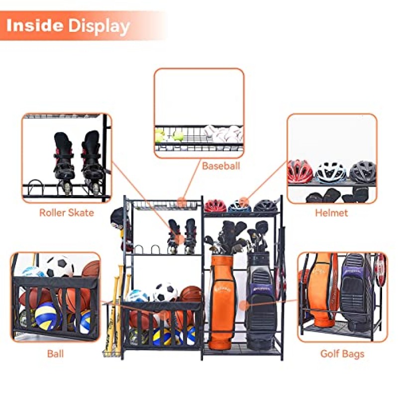 WALMANN 차고 스포츠 장비 정리함, 차고 공 보관함용 골프 가방 스탠드 실내/실외 어린이 장난감 보관 정리함, 바구니가 있는 볼 홀더