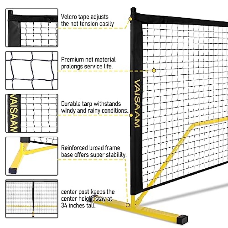 VAISAAM 휴대용 피클볼 네트 시스템 22FT 전체 코트 공식 규정 크기 피클 볼 네트 실내 및 실외 코트 라인 마커 및 운반용 가방 포함