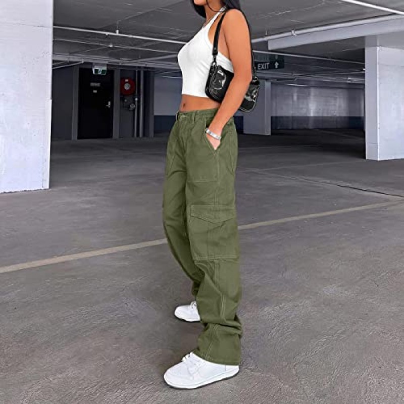 Lepunuo 카고 바지 여성용 하이 웨이스트 캐주얼 바지 헐렁한 신축성 넓은 다리 Y2K streetwear with 6 Pockets