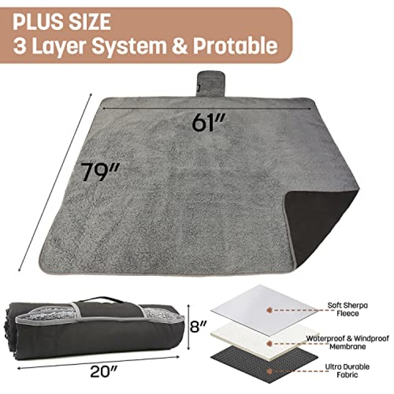 셰르파 안감이 있는 Tirrinia 방수 야외 담요, 방풍 삼중 레이어 따뜻하고 편안하게 접이식 캠핑 경기장, 해변, 피크닉, 잔디, 콘서트, 자동차, 개, 51'X 59' 및 59'X 80'