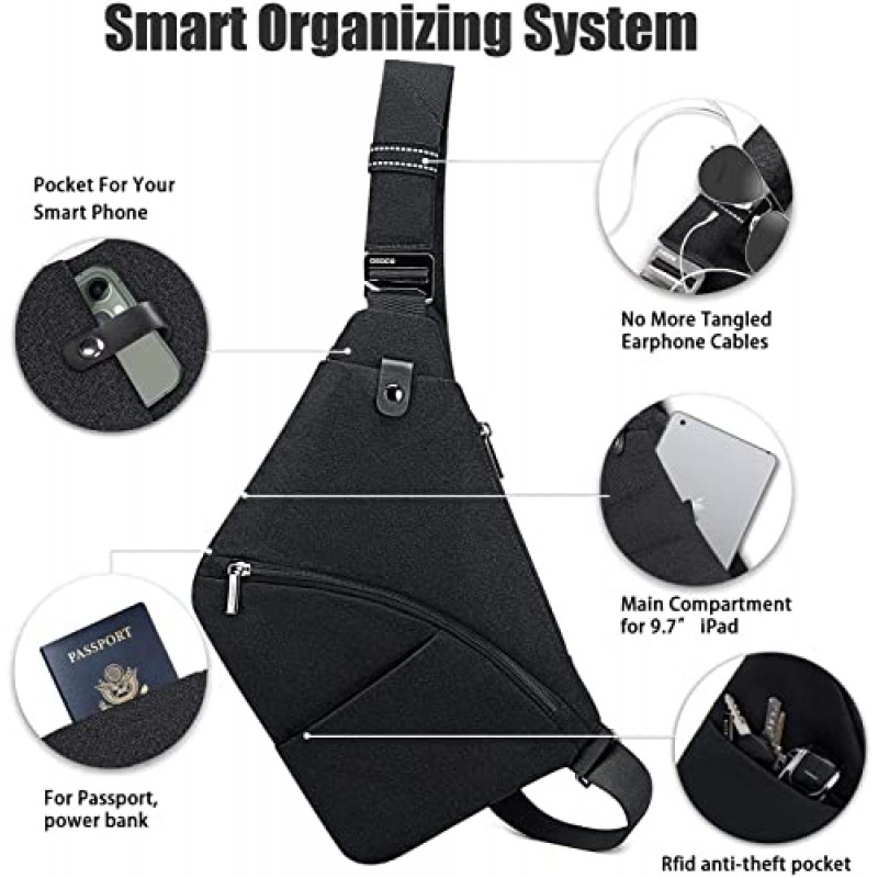 OSOCE 슬링 백 가슴 배낭 캐주얼 데이 팟 블랙 숄더 크로스 바디 경량 도난 방지 야외 스포츠 여행 하이킹 가방