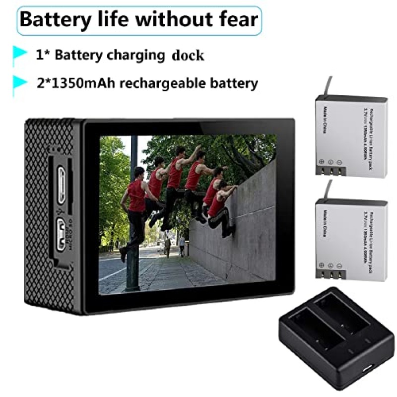 Xilecam 액션 카메라 4K/20M /WiFi/4*줌/2.4G 원격 제어 2*1350mAh 배터리 방수 카메라 수중 131FT/170도 광각 스포츠 카메라(4K+2.4G)