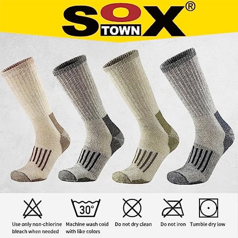 SOX TOWN 남성용 메리노 울 쿠션 크루 양말 야외 하이킹을 위한 수분 흡수 컨트롤 작업 부츠 보온 따뜻한 올 시즌