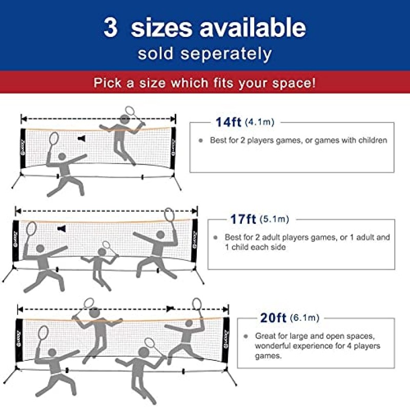 Zicon 휴대용 테니스 네트, 스테인레스 스틸 폴 배드민턴 네트 세트 조절 가능한 높이 나일론 네트, 캐리 백 포함, 어린이 배구, 피클볼, 축구, 실내, 실외 코트, 뒷마당, 해변, 진입로