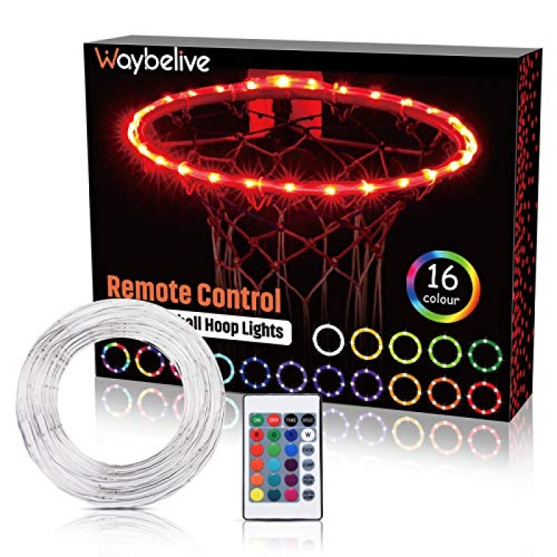 Waybelive LED 농구 골대 조명, 원격 제어 농구 림 LED 조명, 스스로 16가지 색상 변경, 방수, 밤 야외에서 놀 수 있는 슈퍼 브라이트, 어린이를 위한 좋은 선물