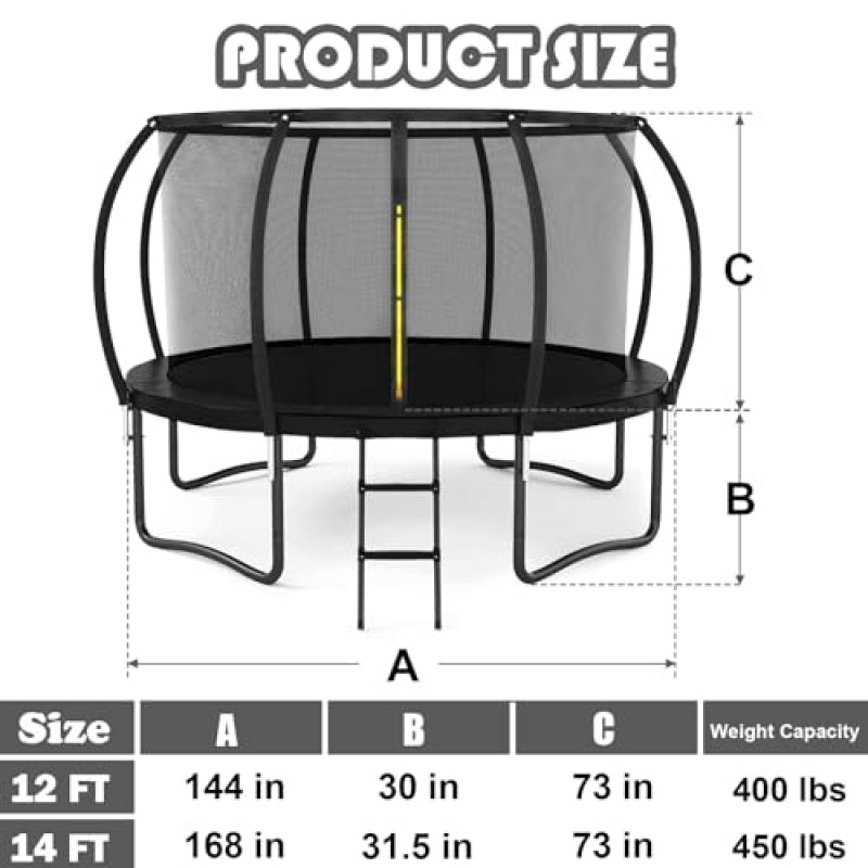 Liyarya Trampoline 12FT 14FT 어린이/성인용 트램펄린 - 인클로저 네트 곡선 기둥 및 사다리가 있는 야외 레크리에이션 트램펄린, 헤비 듀티 트램펄린 녹 방지 코팅, ASTM 승인