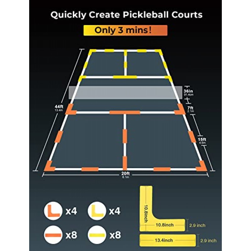 DEERFAMY 24 Pcs Pickleball 코트 마커 키트, 임시 Pickleball 라인 야외 실내 테니스 배드민턴, 주황색 및 노란색 마커 던지기