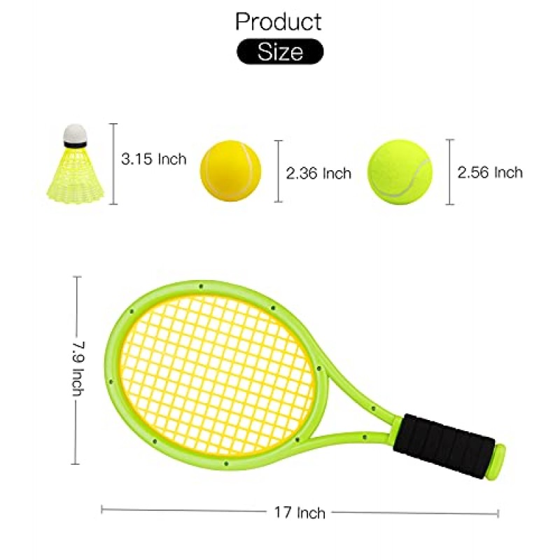 어린이 테니스 라켓, 2개의 소프트 볼, 2개의 테니스 공 및 어린이용 셔틀콕 4개가 있는 17인치 플라스틱 테니스 라켓, 유아 야외/실내 스포츠 놀이