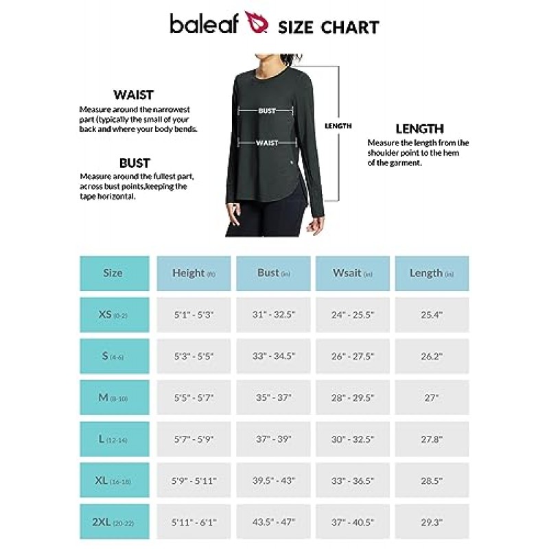 BALEAF 여성용 긴 소매 러닝 셔츠 운동용 상의 빠른 건조 UPF 50+ 경량
