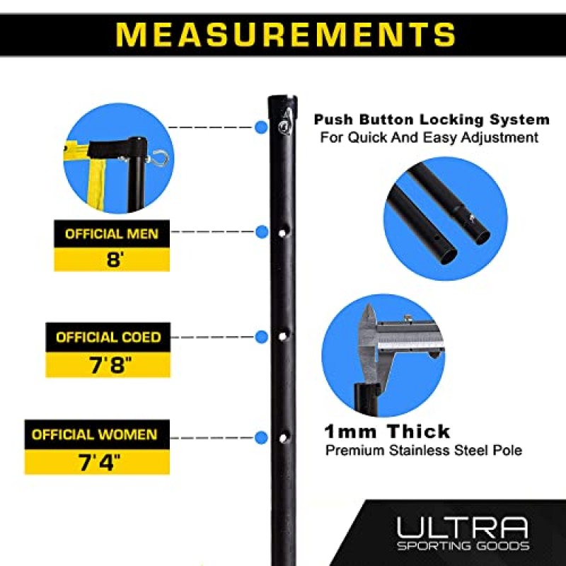 울트라 스포츠 용품 배구 네트 - 32x3피트 규정 크기 네트, 8.5인치 PU 배구, 휴대용 가방, 경계선, 강철 폴 및 펌프 포함 - 남성, 여성 및 혼성 게임용 높이 조절 가능