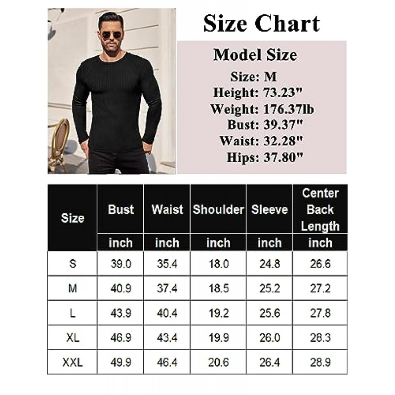 Ekouaer 남성용 크루 넥 셔츠 열 긴 소매 블라우스 신축성있는 골지 탑 슬림 피트 풀오버 스웨터 S-XXL